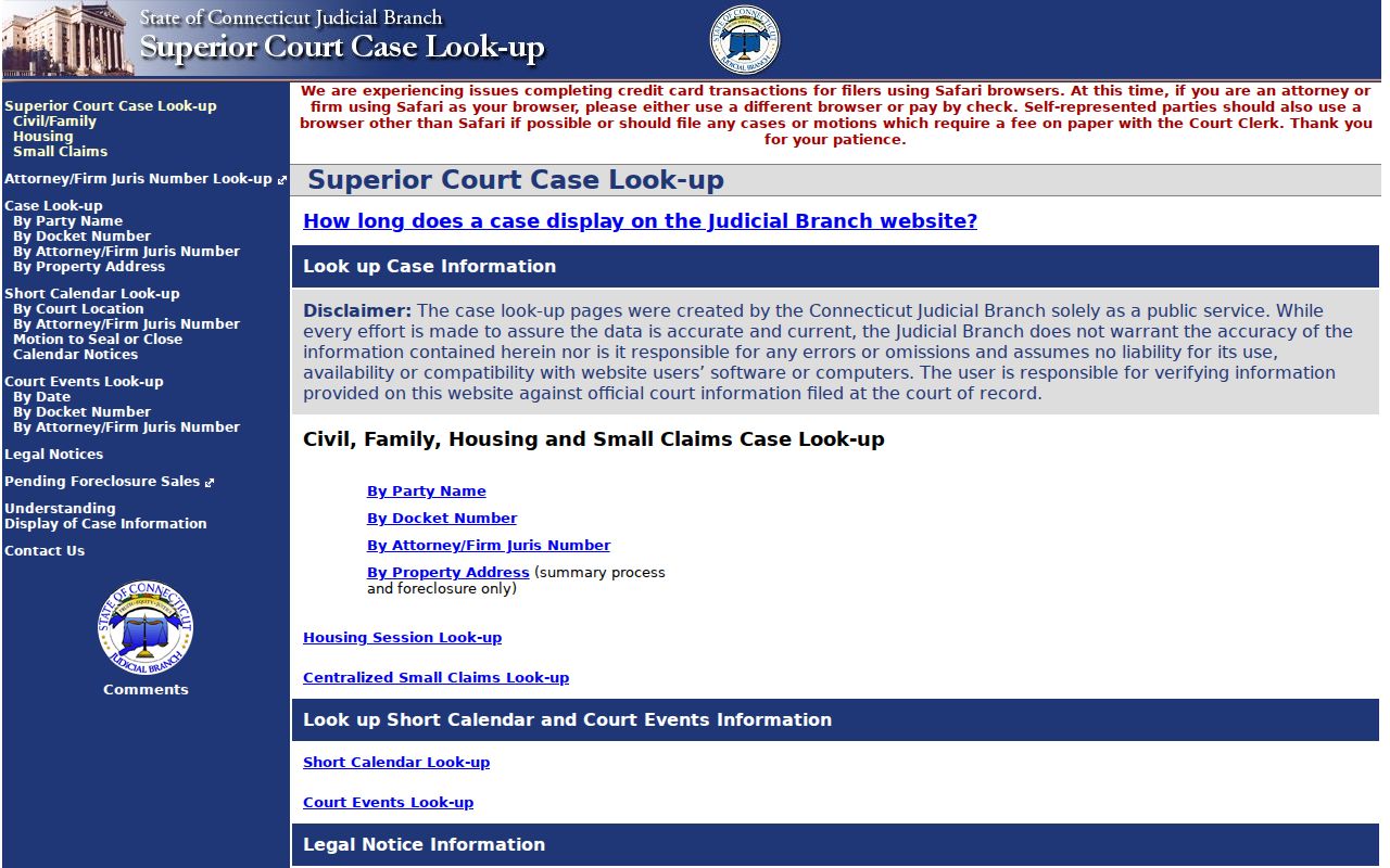 Danbury residents directory view of the Connecticut Judicial Branch Civil Inquiry search