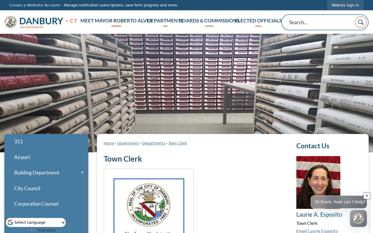 Danbury residents directory view of the Town Clerk records and services