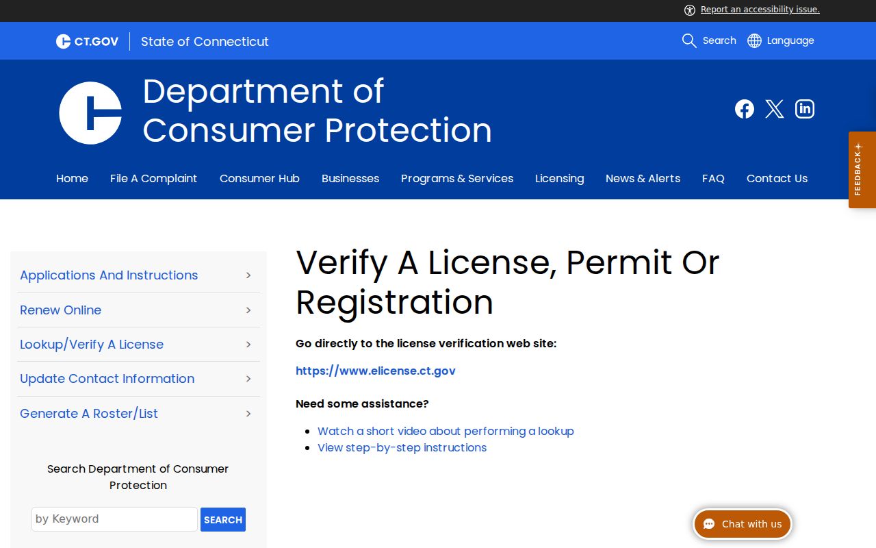 Danbury resident lookup view of Connecticut eLicense verification