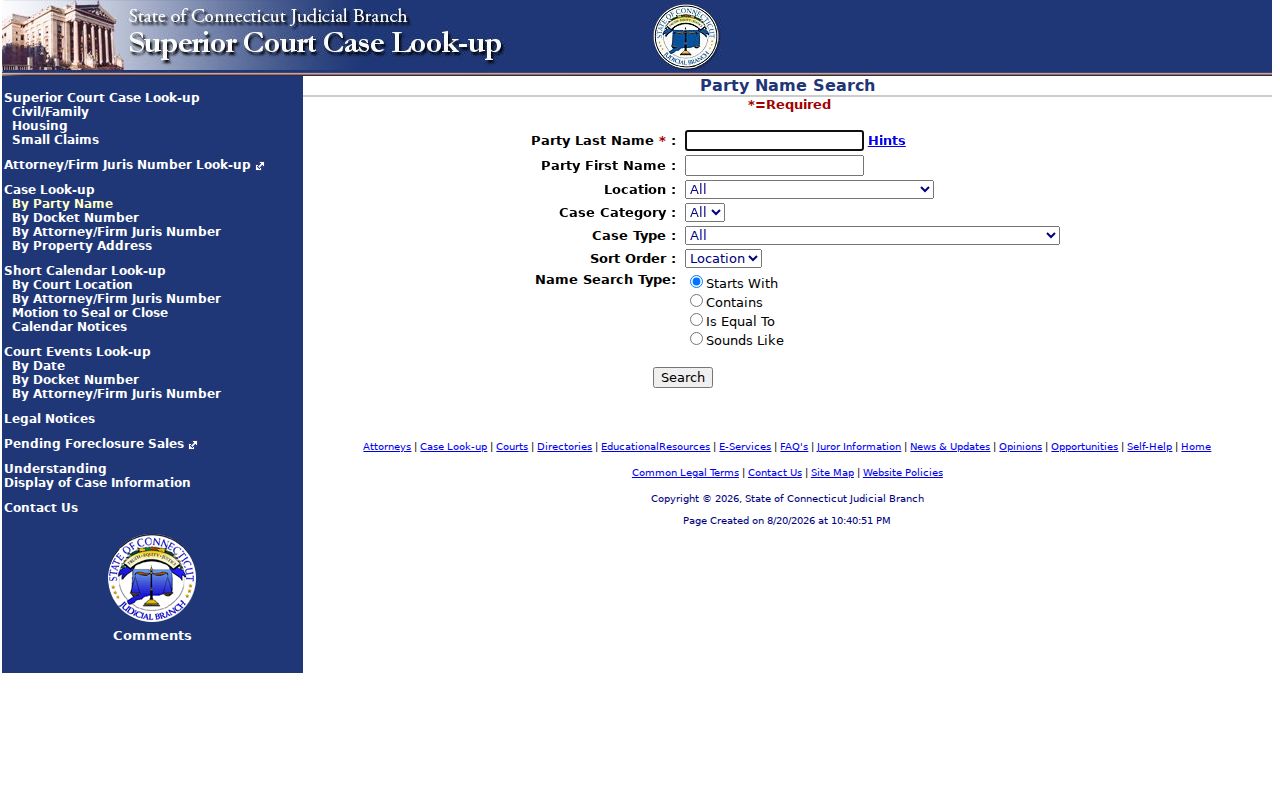 Danbury resident lookup view of Connecticut Civil Inquiry party search