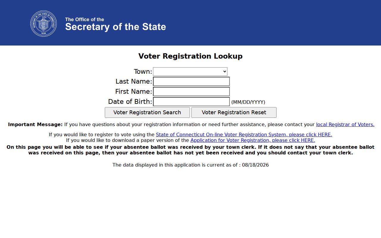 Danbury resident lookup view of the Connecticut voter lookup