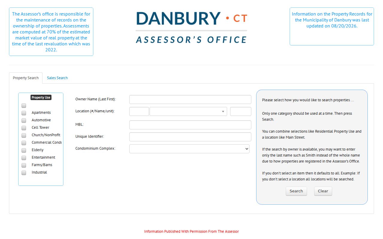 Danbury street directory view of the assessor property search fields
