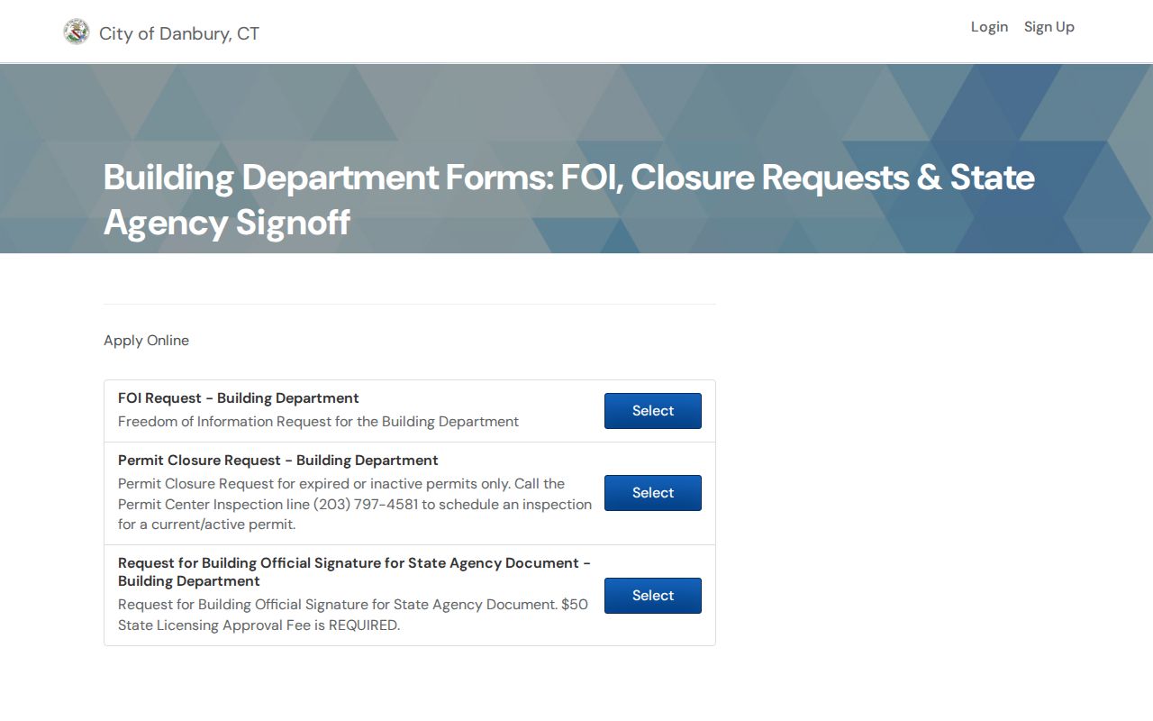 Danbury street directory view of the Building OpenGov records portal