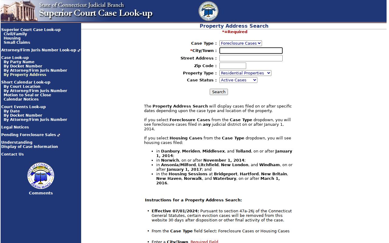 Danbury ZIP code directory view of the Connecticut court property-address search